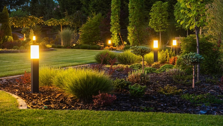 LED light posts illuminating a backyard garden during night hours with modern outdoor lighting