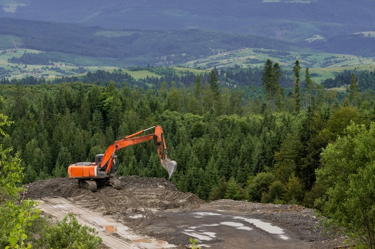 Orange excavator working on grading and earthwork at a landscape site