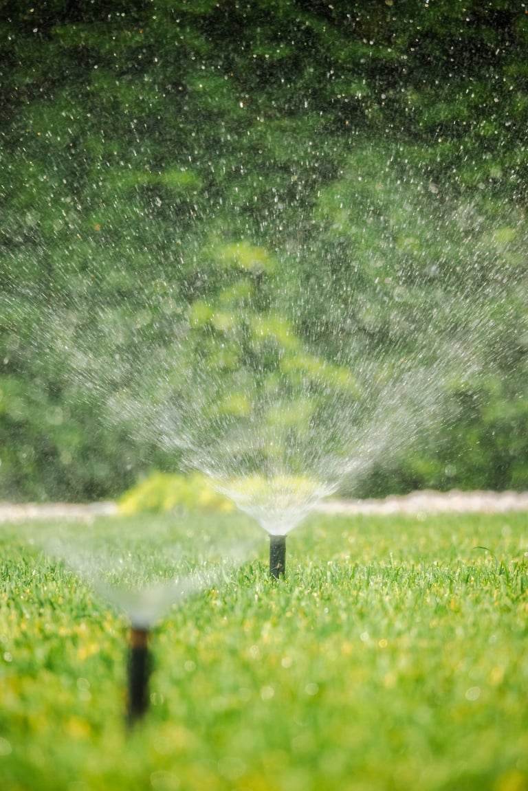 Automatic sprinkler head spraying water on a vibrant green lawn during sunny weather